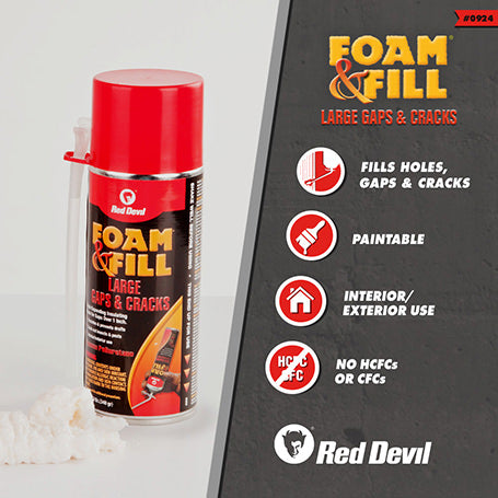 Red Devil Foam & Fill® Large Gaps & Cracks Expanding Polyurethane Sealant 12 Oz. (340 g) Aerosol Can Champagne Red Devil Foam & Fill® Large Gaps & Cracks Expanding Polyurethane Sealant 12 Oz. (340 g) Aerosol Can Champagne